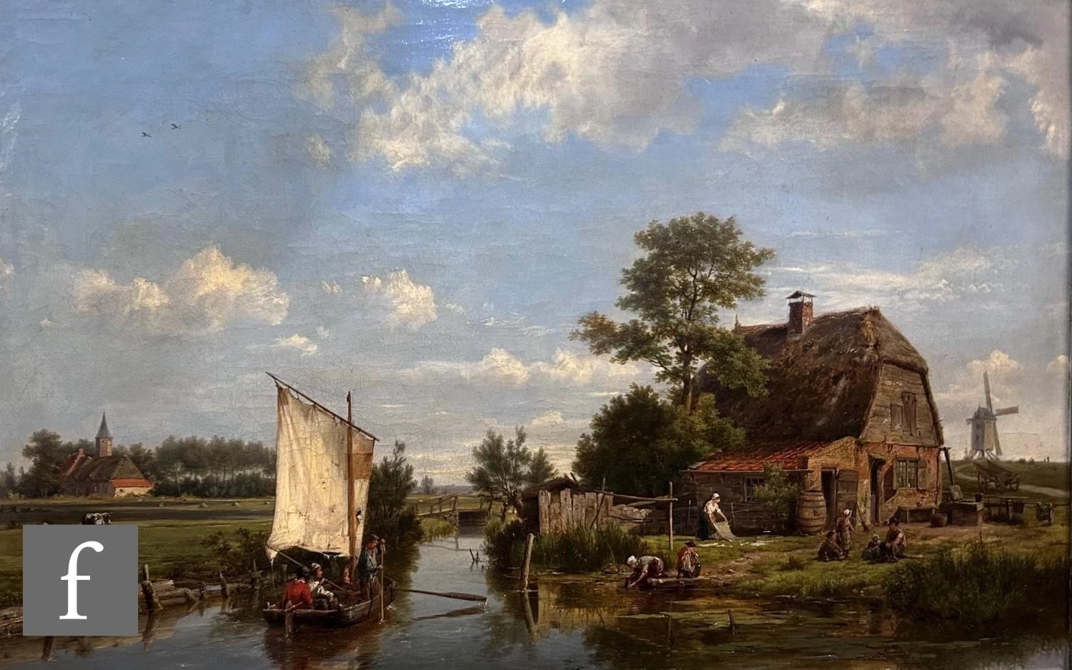 Charles Leickert - Figure in una barca a remi accanto a una vecchia fattoria